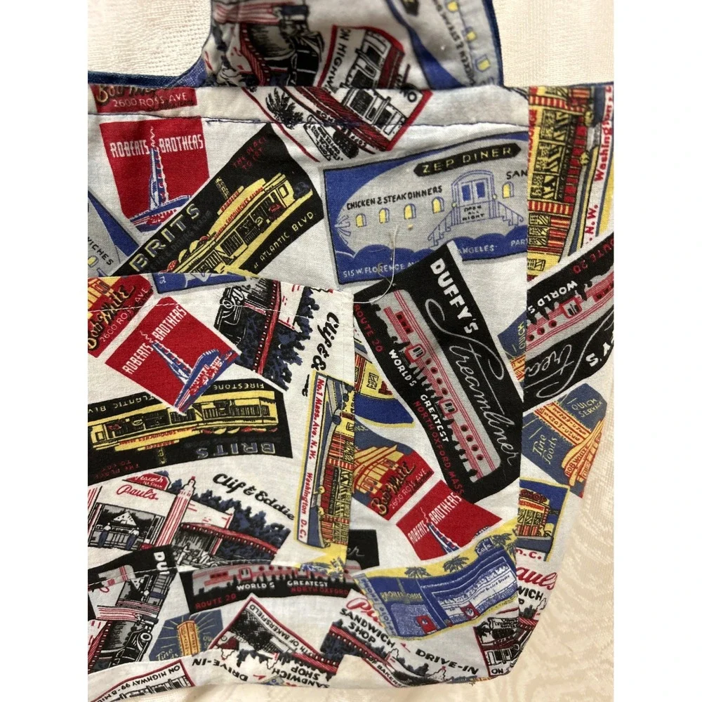 Handmade Reversible Tote‎ Bag Vintage Diner Roadside Print Denim Hobo Bucket Bag